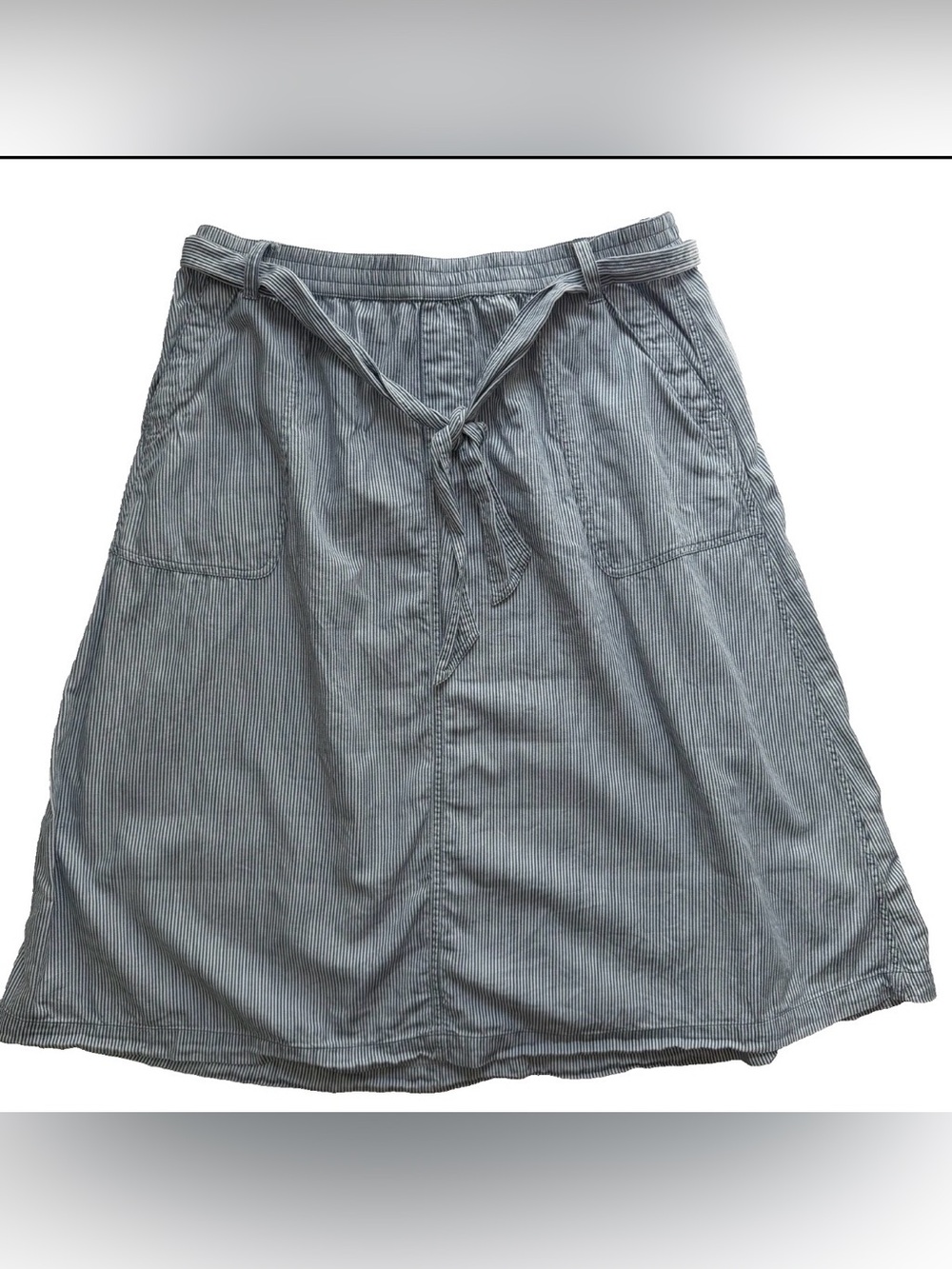 Lands’ End Womens Skirt Midi Large Pull On Fabric Belt Blue White Stripe Pockets